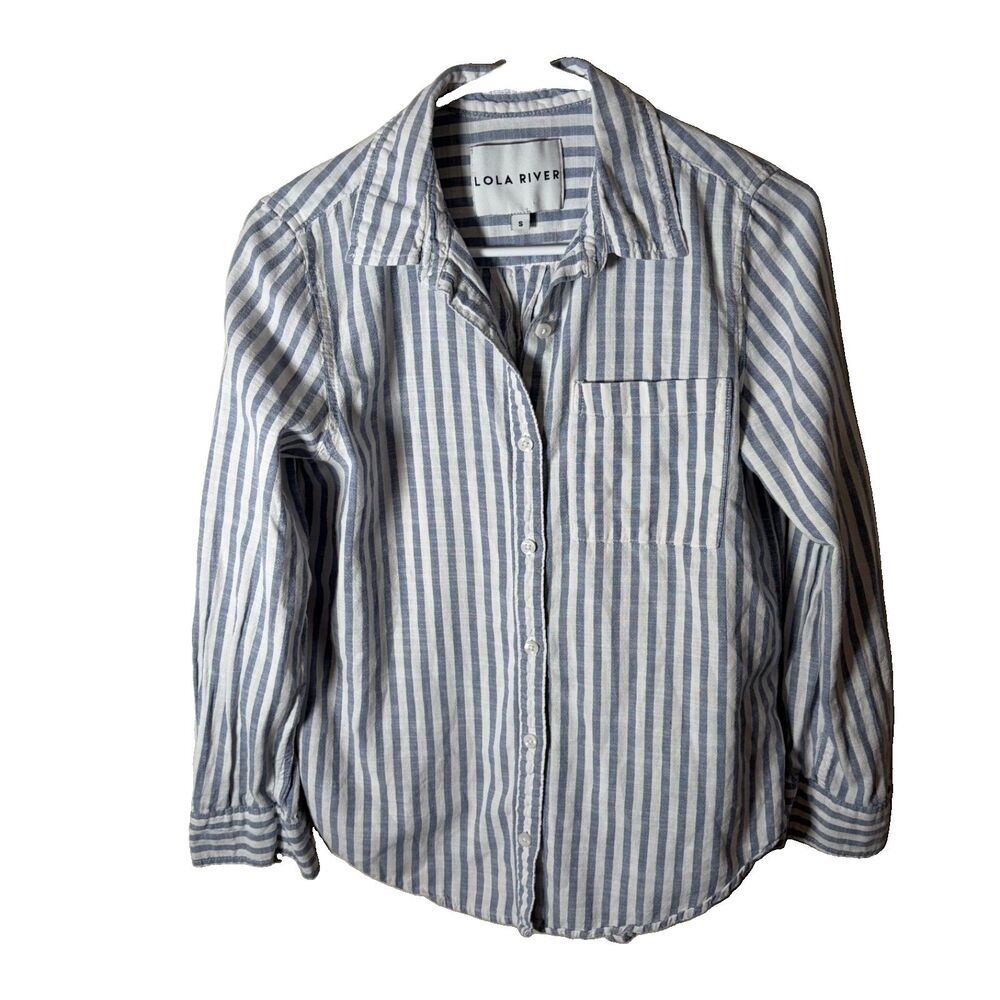 Lola River Shirt Women's Small Blue Striped Button Up Long Sleeve Collared Top